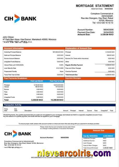 Morocco Crédit Immobilier et Hôtelier mortgage statement Word and PDF template